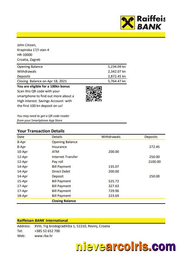 Croatia Raiffeisen Bank statement easy to fill in .xls and .pdf file format
